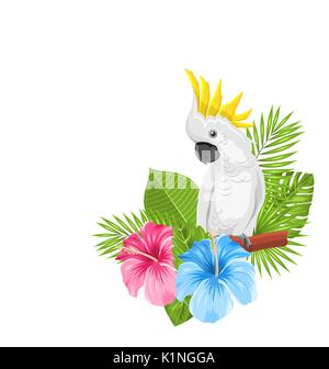 Papagei weiß Kakadu mit farbenfrohen Exotischen Blumen blühen Stock Vektor