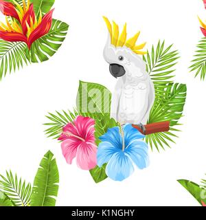 Nahtlose exotische Muster mit Papagei Kakadu und tropische Blätter und Blumen Stock Vektor