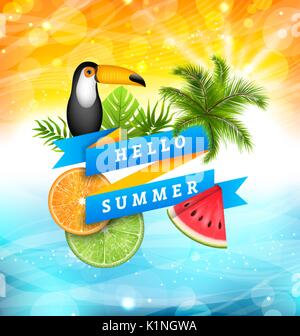 Sommer Poster Design mit Papagei Tukan, Scheiben Wassermelone Stock Vektor