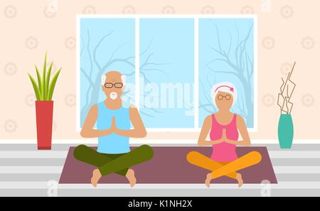 Nach Frau und Mann Meditation in Pose Lotus, Interieur. Freizeitaktivitäten der Rentner Stock Vektor