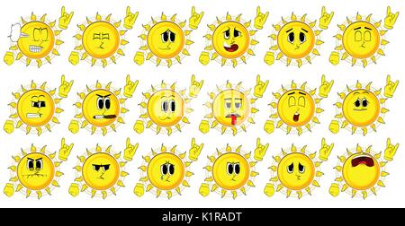 Cartoon Sun mit Händen in Rocker darstellen. Sammlung mit traurigen Gesichtern. Ausdrücke Vektor einrichten. Stock Vektor