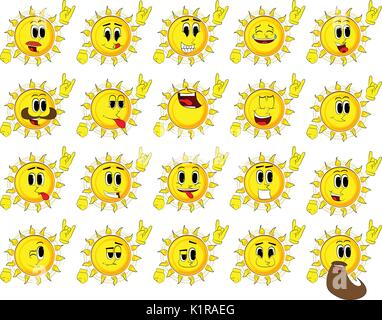 Cartoon Sun mit Händen in Rocker darstellen. Sammlung mit glücklichen Gesichtern. Ausdrücke Vektor einrichten. Stock Vektor