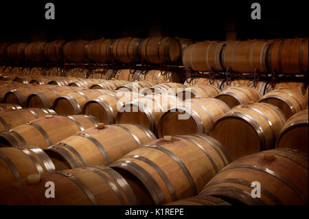 Weinkeller in warmem Ambiente. Reihen von Holz- Weinfässer in einem Weingut. Stockfoto