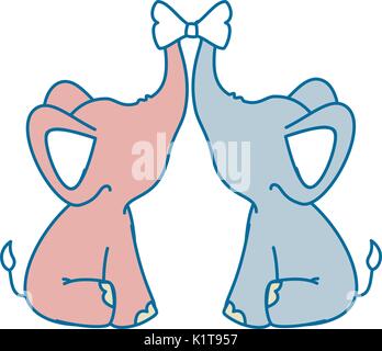 Paar Elefanten mit dekorativer Schleife binden Tier Symbol auf weißem Hintergrund bunte Design Vector Illustration Stock Vektor
