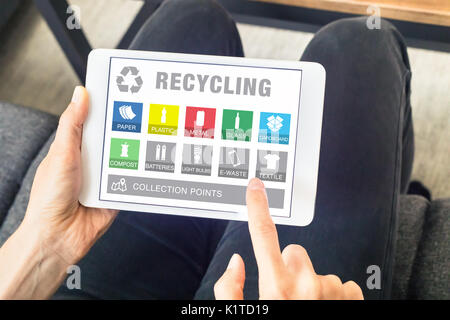 Person mit digitalen Tablet Computer mit App-Webseite für die Sortierung von Wertstoffen und Abfällen (Symbole aus Papier, Kunststoff, Metall, Glas, Flasche, e-waste Stockfoto