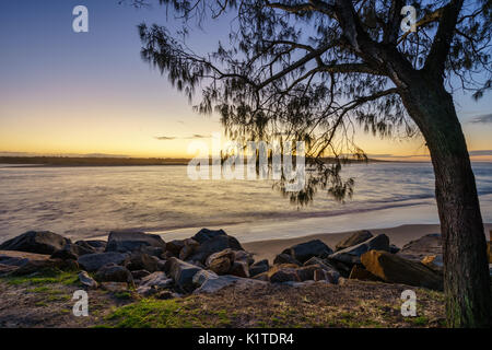 Ein Baum mit Blick auf den Strand bei Sonnenuntergang in Noosa, Sunshine Coast, Queensland, Australien Stockfoto