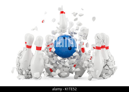 Bowling Pins zerstört, 3D-Rendering Stockfoto
