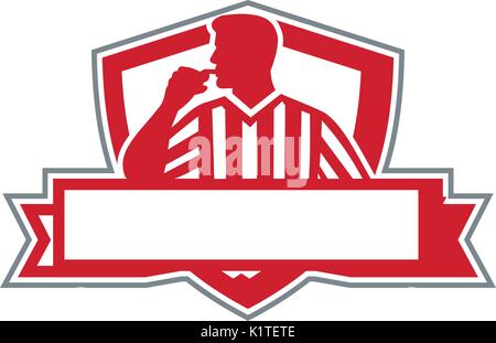 Abbildung: Ein Schiedsrichter Schiedsrichter offizielle Holding Blasen im Mund pfeifen auf der Seite von der vorderen inneren Abdeckung Crest mit Banner stellen d Stock Vektor