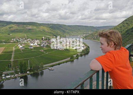 Blick über die Mosel von Ellenz-Poltersdorf vom Schloss, Beilstein, Mosel, Rheinland-Pfalz, Deutschland Stockfoto
