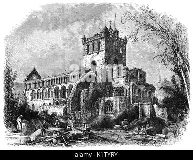 1870: Steinmetze auf dem Gelände der Jedburgh Augustiner Kloster wurde im 12. Jahrhundert gegründet wurde, ist in der Nähe von Jedburgh, die traditionelle Stadt der historischen Grafschaft Roxburghshire, in der schottischen Grenze, 10 km nördlich der Grenze zu England bei Carter Bar. Stockfoto