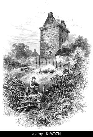 1870: eine Hirtin mit Schafen und Rindern unter Gilnockie Turm, aka Johnnie Armstrong's Tower, ein Turm aus dem 16. Jahrhundert Haus, im Ortsteil Mulden entfernt, 2,3 km nördlich von Canonbie, in Dumfries und Galloway, süd-westlich von Schottland. Der Turm ist auf dem Westufer des Flusses Esk gelegen. Ursprünglich als Mulden Turm bekannt, wurde es um 1520 von Johnnie Armstrong, berühmte Grenze outlaw gebaut. Stockfoto