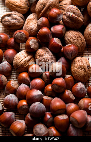 Walnüsse und Haselnüsse auf ein welkes Blatt Stockfoto