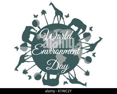 Welt-Umwelttag, Planetenerde mit Tiere, Umwelttages, Umwelt, umweltfreundlich. Vektor. Stock Vektor
