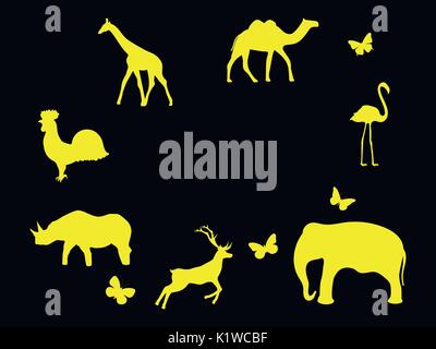 Einstellen der Tiere. Säugetiere, Vögel und Insekten. Gelbe Symbole auf schwarzem Hintergrund. Vector Illustration Stock Vektor