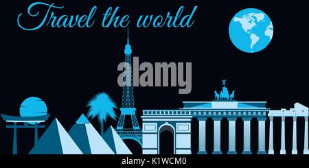 Reisen die Welt, Welt, Sehenswürdigkeiten, Reise und Tourismus Hintergrund. Rund um die Welt. Stock Vektor