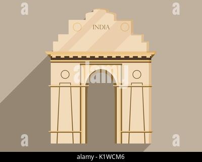 India Gate Isolation auf einem weißen Hintergrund. Symbol für Indien, New Delhi. Abbildung: in einem flachen Design mit langen Schatten. Vektor. Stock Vektor