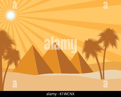 Ägyptischen Pyramiden in der Wüste. Sonne und Palmen. Das alte Ägypten. Vector Illustration Stock Vektor