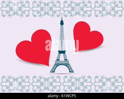 Eiffelturm. Valentine. Postkarte vom Eiffelturm und dem Herzen. Vector Illustration. Stock Vektor