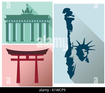 Stellen Sie Sehenswürdigkeiten und Symbole verschiedener Länder. Die Freiheitsstatue. Brandenburger Tor. Japan Tor. Flache Icon Set. Stock Vektor