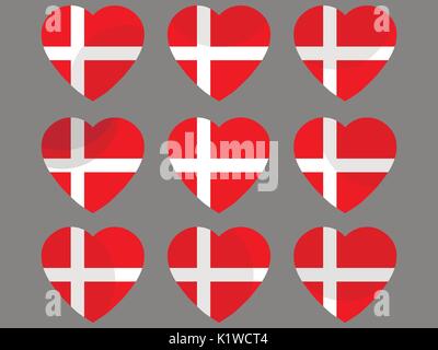 Herzen mit dem Dänemark Flagge. Ich liebe die Dänemark. Dänemark flag Icon Set. Vector Illustration. Stock Vektor