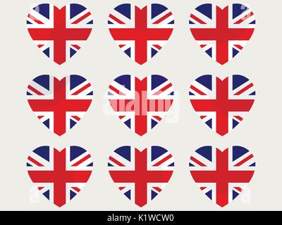 Herzen mit der britischen Flagge. Ich liebe die UK. England flag Icon Set. Vector Illustration. Stock Vektor