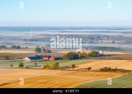 Landwirtschaftliche anzeigen Mit einem Bauernhof auf den Feldern und Nebel im Herbst Stockfoto