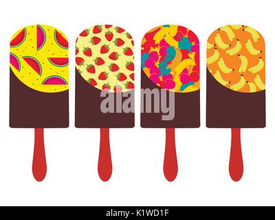 Obst Eis. Eis auf einem Stick mit dem Geschmack von Erdbeeren, Wassermelonen, Bananen. Vector Illustration Stock Vektor