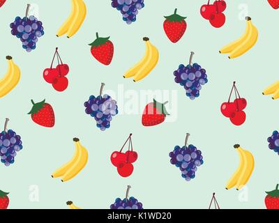 Obst nahtlose Muster mit Bananen, Kirschen, Erdbeeren und Trauben. Vector Hintergrund. Stock Vektor