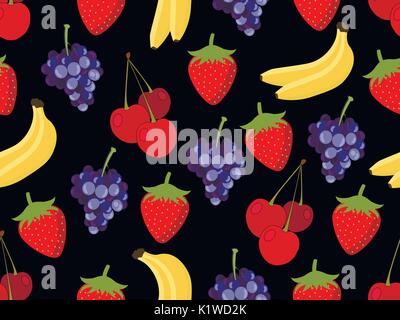 Der nahtlose Muster mit Obst. Muster von Bananen, Kirschen, Erdbeeren und Trauben. Vector Hintergrund. Stock Vektor