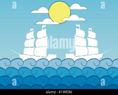 Papier wellen. Schiffe, die auf den Wellen, Segeln mittelalterlichen Schiff. Seascape. Vector Illustration Stock Vektor