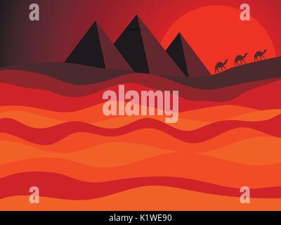 Ägyptischen Pyramiden des alten Ägypten. Landschaft der Wüste mit einer Karawane von Kamelen auf dem Hintergrund der Sonne. Vector Illustration Stock Vektor