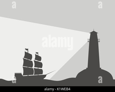 Das Schiff auf dem Wasser mit einem Leuchtturm. Schwarze Kontur auf schwarzem Hintergrund. Vector Illustration Stock Vektor