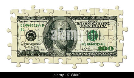 Foto Illustration eines US-hundert Dollar Bill retuschiert und wieder als Puzzle dargestellt. Stockfoto