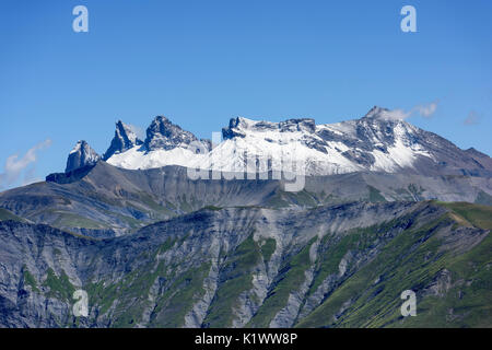 In der Nähe der Kanten des Aiguilles d'Arves im Hintergrund (mit Schnee) im Sommer, Frankreich. Es hat eine Höhe von 3.514 Meter über dem Meeresspiegel. Stockfoto