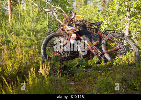 Taipalsaari, Finnland - 1. Juli 2015: Bike Adventure mit dem Mountainbike und Touring bike Fähigkeiten in den üppigen Wald im Osten Finnlands. Stockfoto