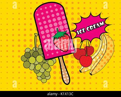 Ice Cream Pop Art Stil. Obst Eis. Popsicle. Eis auf einem Stock. Vektor. Stock Vektor