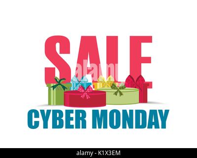 Cyber Monday Verkaufsförderung Geschenkbox auf weißem Hintergrund. Kaufen Sie Geschenke, Verkauf. Vector Illustration. Stock Vektor