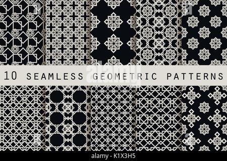 Set mit 10 Schwarzweiß nahtlose Muster. Geometrische nahtlose Muster. Vektor. Stock Vektor