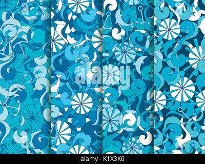 Marine nahtlose Muster. Hintergrund mit Wellen, Delphine und Anker. Satz von Vektorgrafiken Stock Vektor