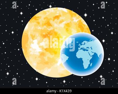 Planet Erde im Hintergrund der Sonne. Weltraum. Vector Illustration Stock Vektor
