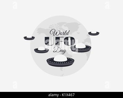 Welt UFO-Tag, Planet und Raumschiff. Fliegende Untertasse. UFO Symbol vektor Illustration. Stock Vektor