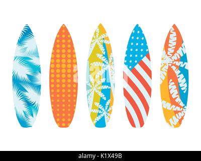 Surfbretter auf einem weißen Hintergrund. Arten von Surfbrettern mit einem Muster. Vector Illustration Stock Vektor