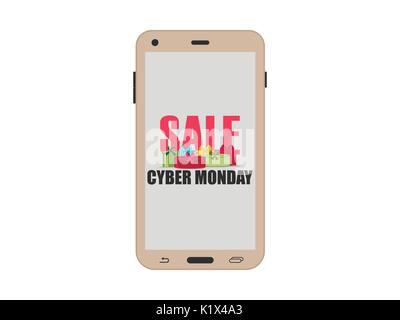 Cyber Monday verkauf Smartphone mit bunten Geschenkboxen. Online shopping Konzept. Vector Illustration. Stock Vektor