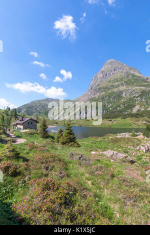 Europa, Italien, Trentino, Trento, Lagorai-Kette, die Colbricon Seen im Sommer mit der kleinen Almhütte in der Nähe der Seen Stockfoto