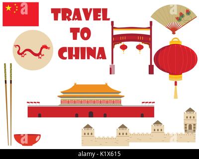 China. Reisen. Stellen Sie Sehenswürdigkeiten und Symbole. Vector Illustration. Stock Vektor