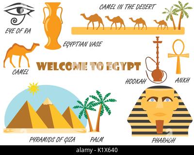 Nach Ägypten Willkommen. Symbole Ägyptens. Reihe von Icons. Vektor. Stock Vektor