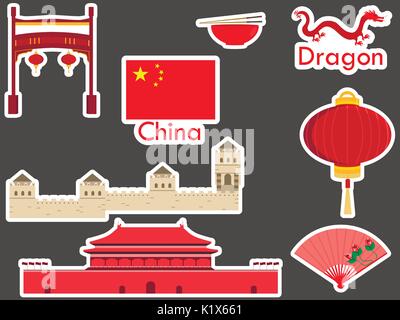 China Aufkleber, chinesischen Wahrzeichen. Die Verbotene Stadt, die Große Chinesische Mauer, Stöcke, Drachen. Patches Elemente in China. Vector Illustration. Stock Vektor