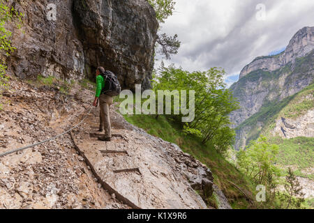 Dolomiti Park, Belluno, Venetien, Italien. Wanderer entlang der thematischen Pfad der Hospize in einer Passage mit Stahlseil geschützt Stockfoto