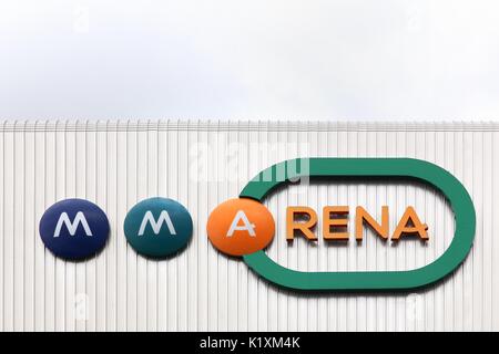 Le Mans, Frankreich - 27. Juni 2016: Fassade des MMArena in Le Mans, Frankreich. Die MMArena ist ein Fußballstadion in Le Mans, Frankreich Stockfoto