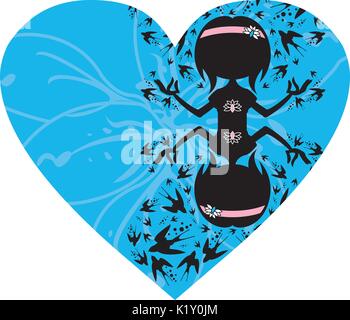Cute Cartoon Yoga Girl Silhouette in Herz mit Schwalben Stock Vektor
